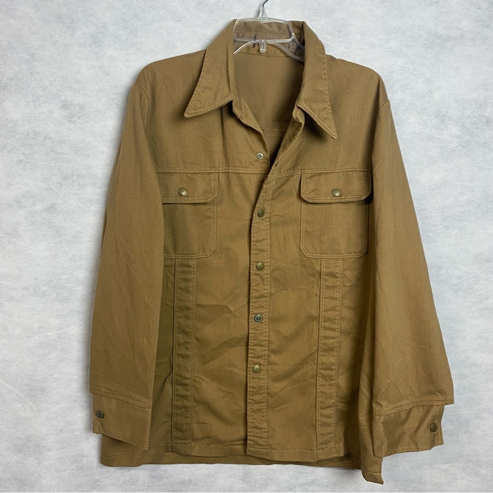Vintage 70s Men’s Shirt Jacket Sz Large Tan Western Snap Up Shacket Flaw